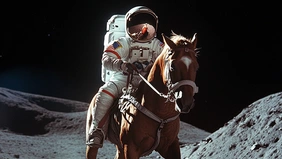 Ein Astronaut reitet auf einem braunen Pferd, im Hintergrund Mondlandschaft.