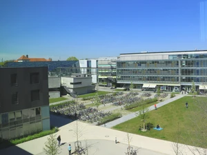 Blick auf Campusgebäude und Wiese, ca. 2019