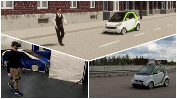 Quelle: THI Abbildung eines Testszenarios mit einem automatisiertem Smart, einem Dummy sowie einem Mitarbeiter mit VR-Brille