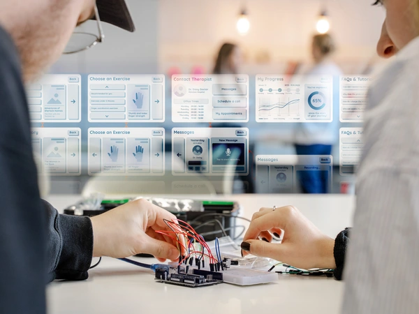 Hände an einem Microcomputer, dahinter Collage einer Appanwendung