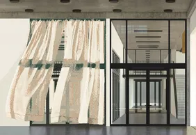 Auf einer Wand im Foyer scheint ein großer Vorhang zu wehen – doch der Luftzug täuscht (Entwurf: Veronike Hinsberg).