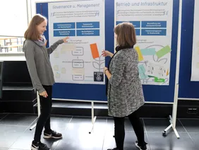 THI employees discuss the sustainability concept (Photo: THI). Bild von Studentin und Dozentin im Gespräch vor einem Aufsteller zu "Governance und Management"